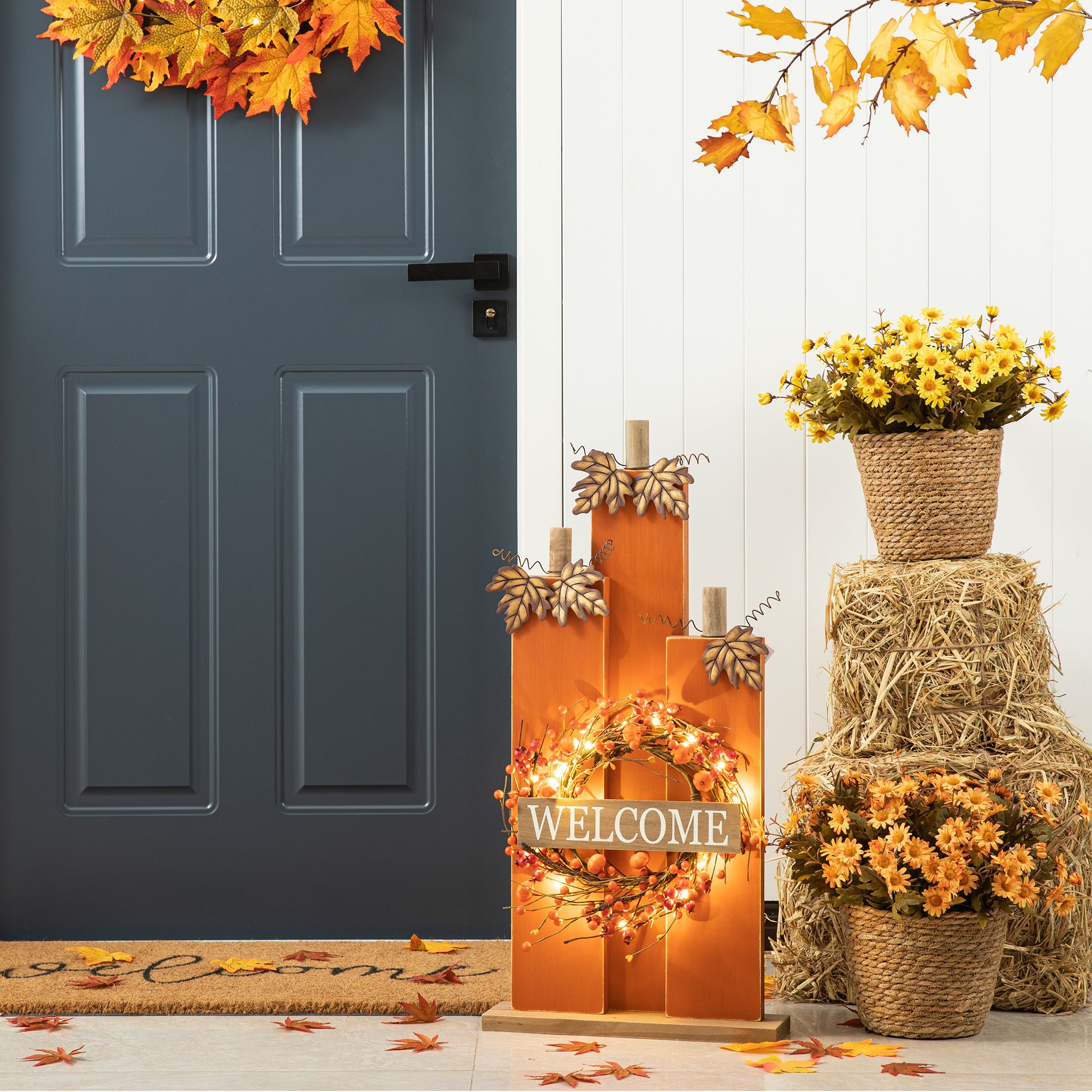 Glitzhome 30"H Fall Lighted Wooden Pumpkin Decor with Timer