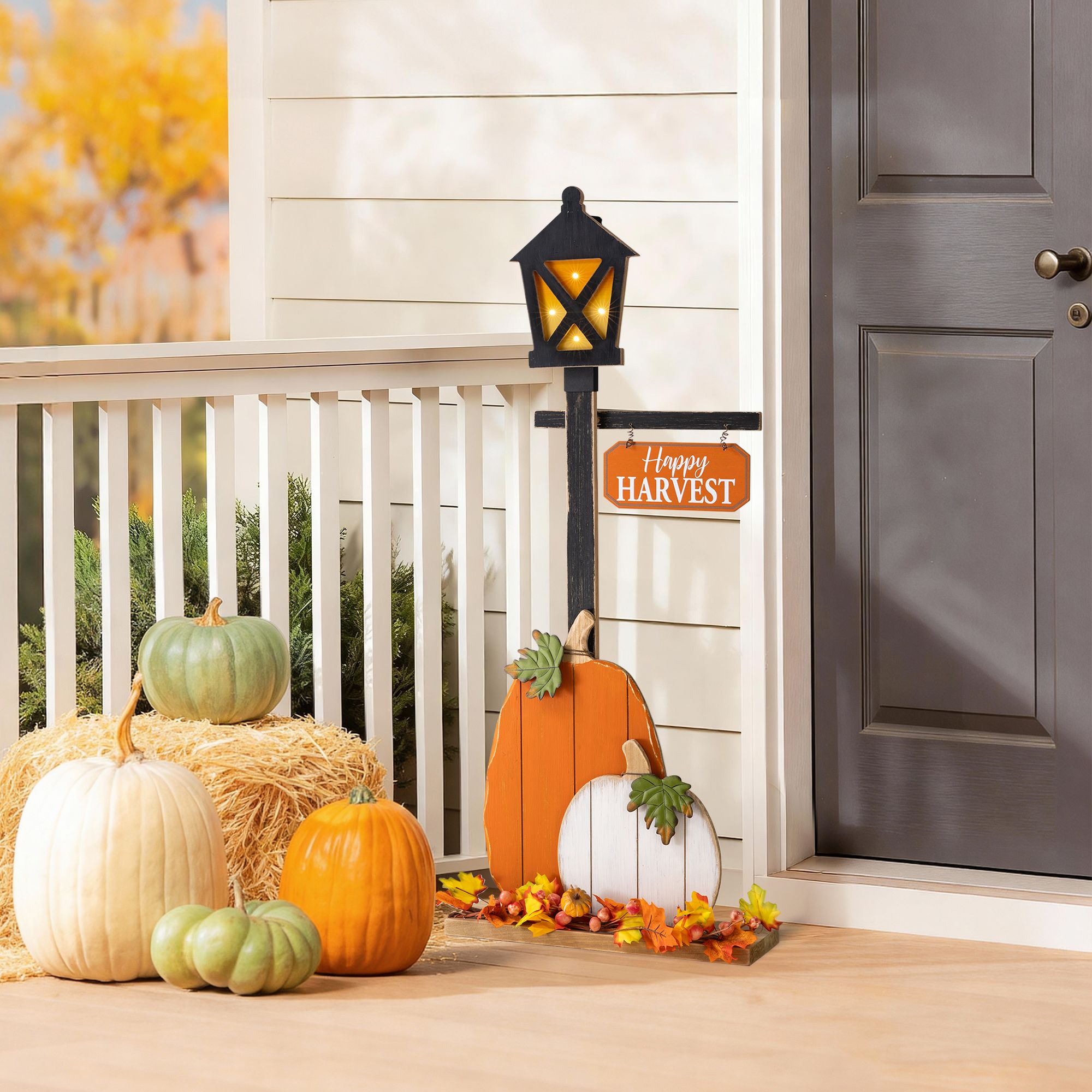 Glitzhome 36"H Fall Lighted Wooden Pumpkin Lamp Post Porch Decor with Timer