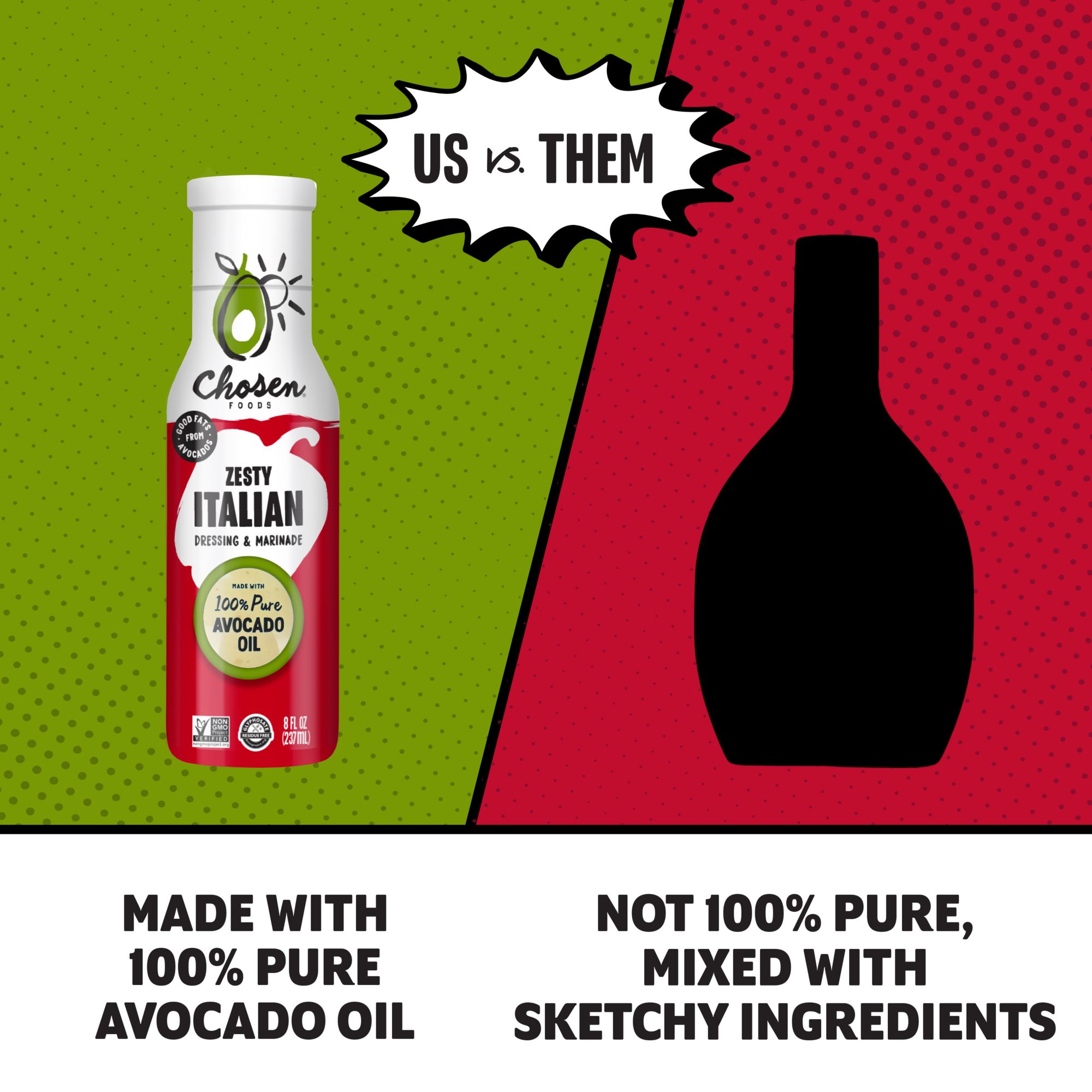 Chosen Foods Zesty Italian Dressing and Marinade, 100% Pure Avocado Oil, Bottle, 12 oz.
