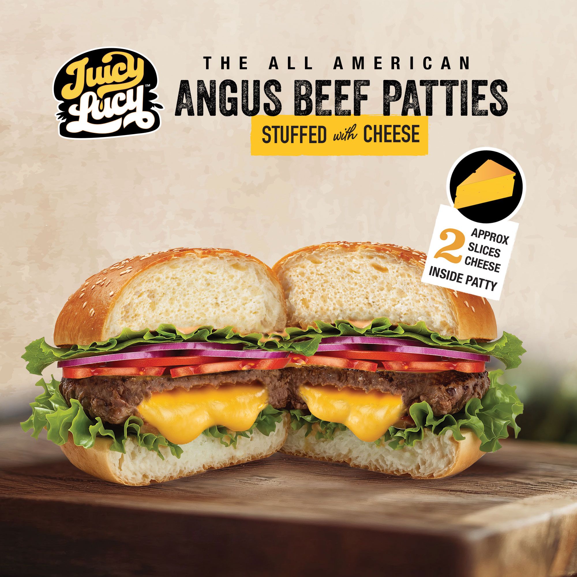 Juicy Lucy American Cheese Stuffed Burger Patties, Angus Beef, Gluten Free, 28g Protein, 12 ct./5.3 oz.