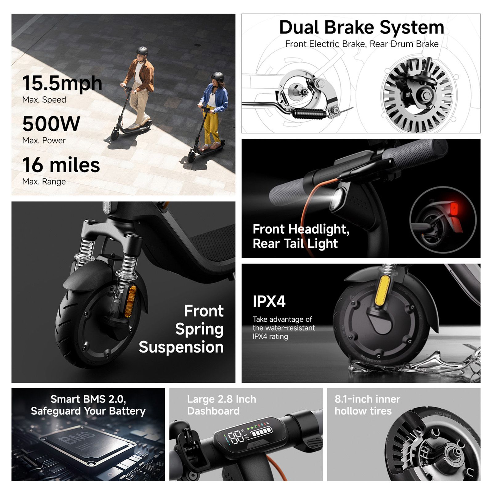 Segway E2 Plus II Electric Scooter, 15mph Max Speed, 16 Miles Max Range, Black