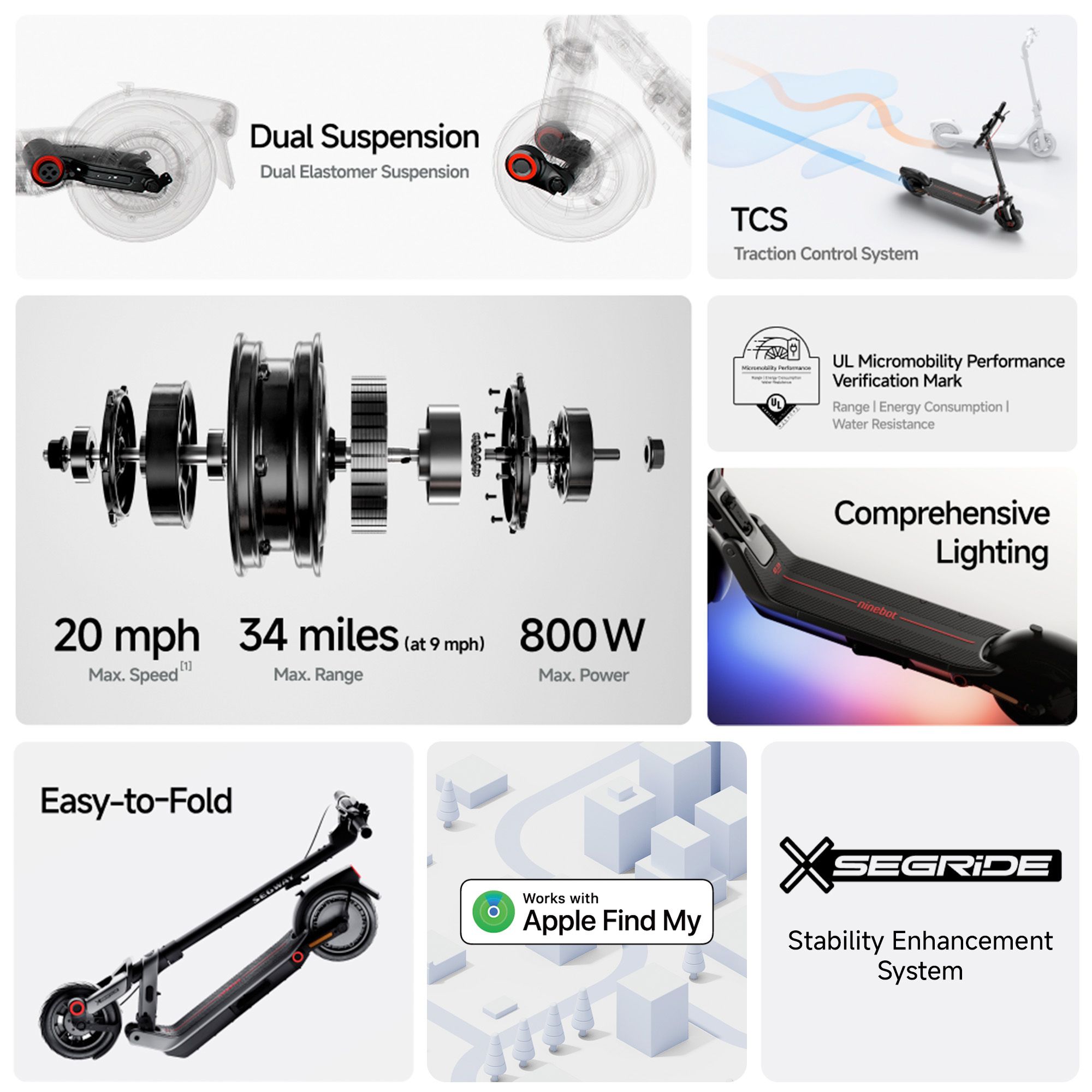 Segway E3 Pro Electric Scooter, 20mph Max Speed, 34 Miles Max Range, Teens and Adults, Black