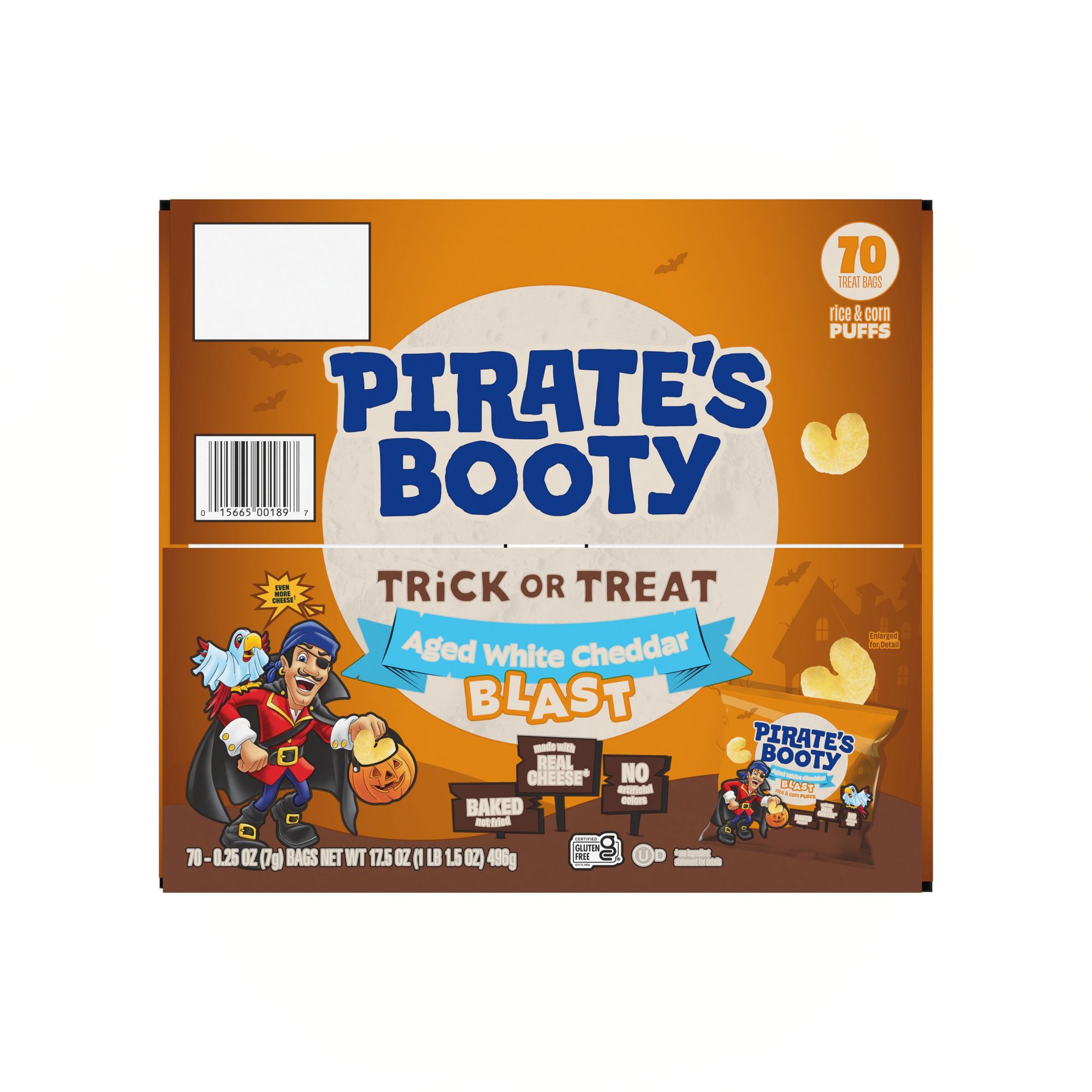Pirate's Booty Aged White Cheddar Blast Halloween Cheese Puffs, Gluten Free, Treat Bags, 70 ct./0.25 oz.