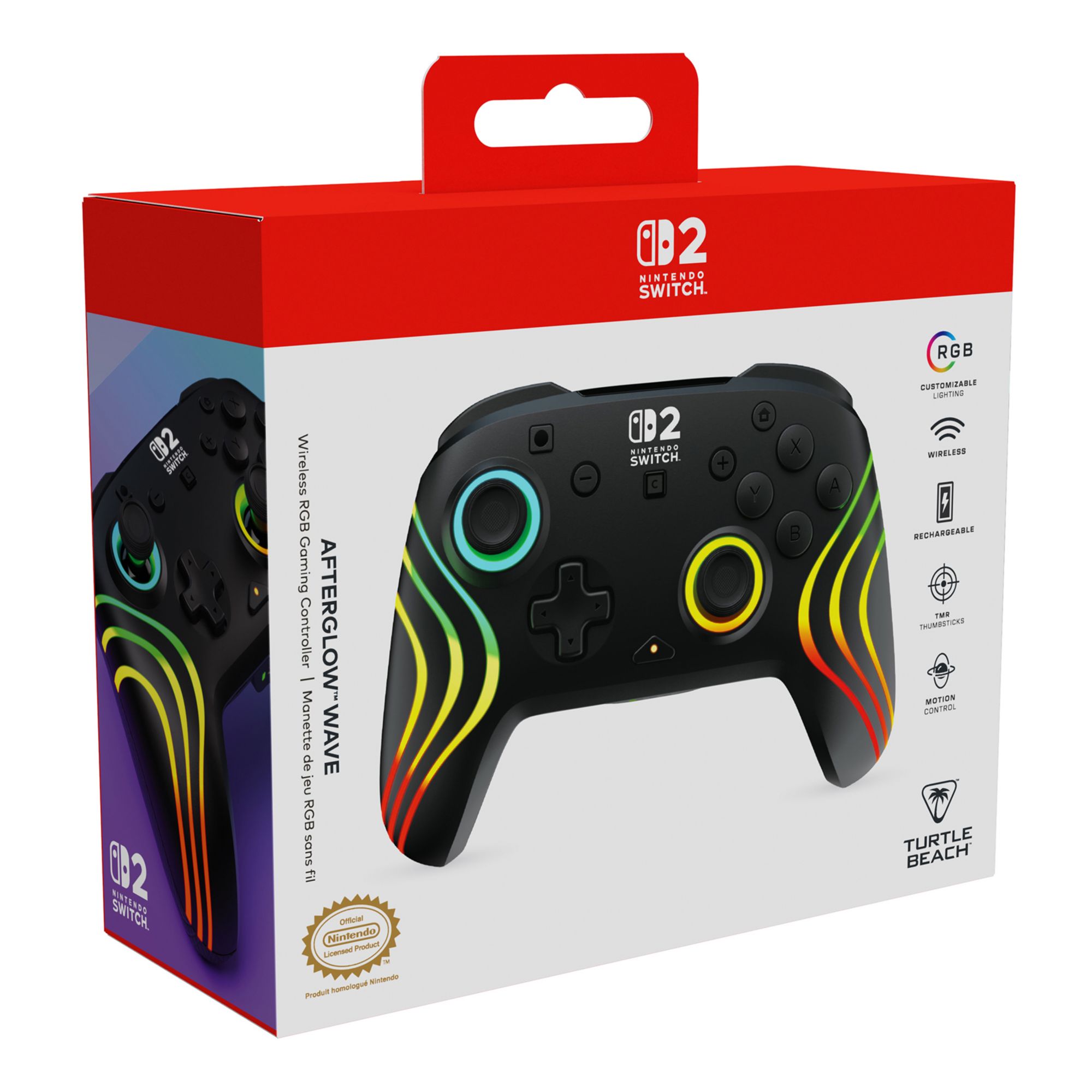 Turtle Beach Afterglow Wave Wireless RGB Gaming Controller – Black for Nintendo Switch 2 with free PlayTrek Game Card Holder