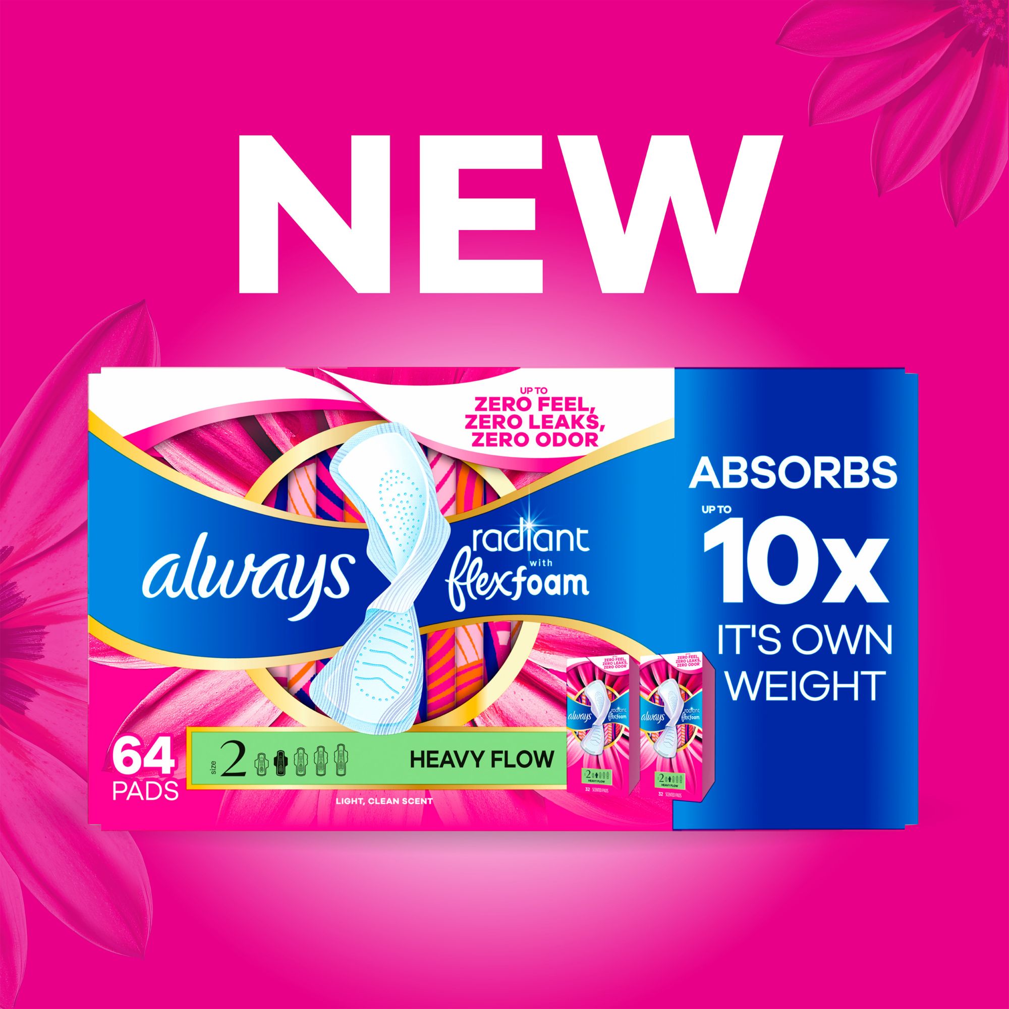 Always Radiant with FlexFoam Pads for Women, Heavy Pad with Wings, 64 ct.