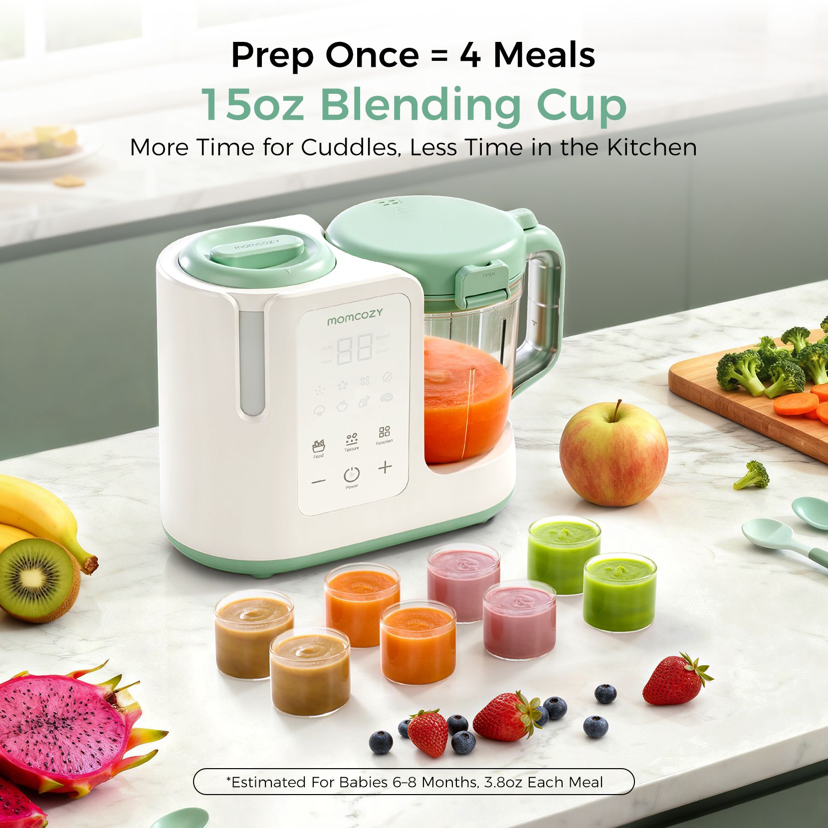 Momcozy AutoMeal Baby Food Maker(FM03) + Momcozy Baby Pouch Holder (2 pk., Green)(QF01)