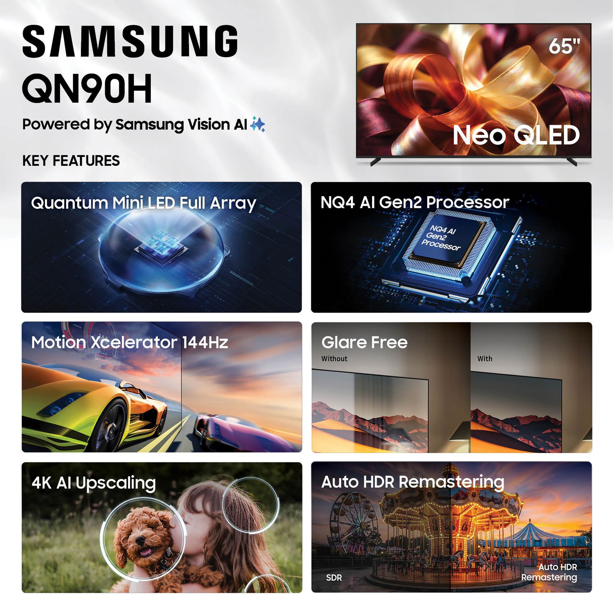 Samsung 65" Class QN90H Neo QLED Mini LED Glare Free 4K UHD Vision AI Smart TV with 5-Year Coverage