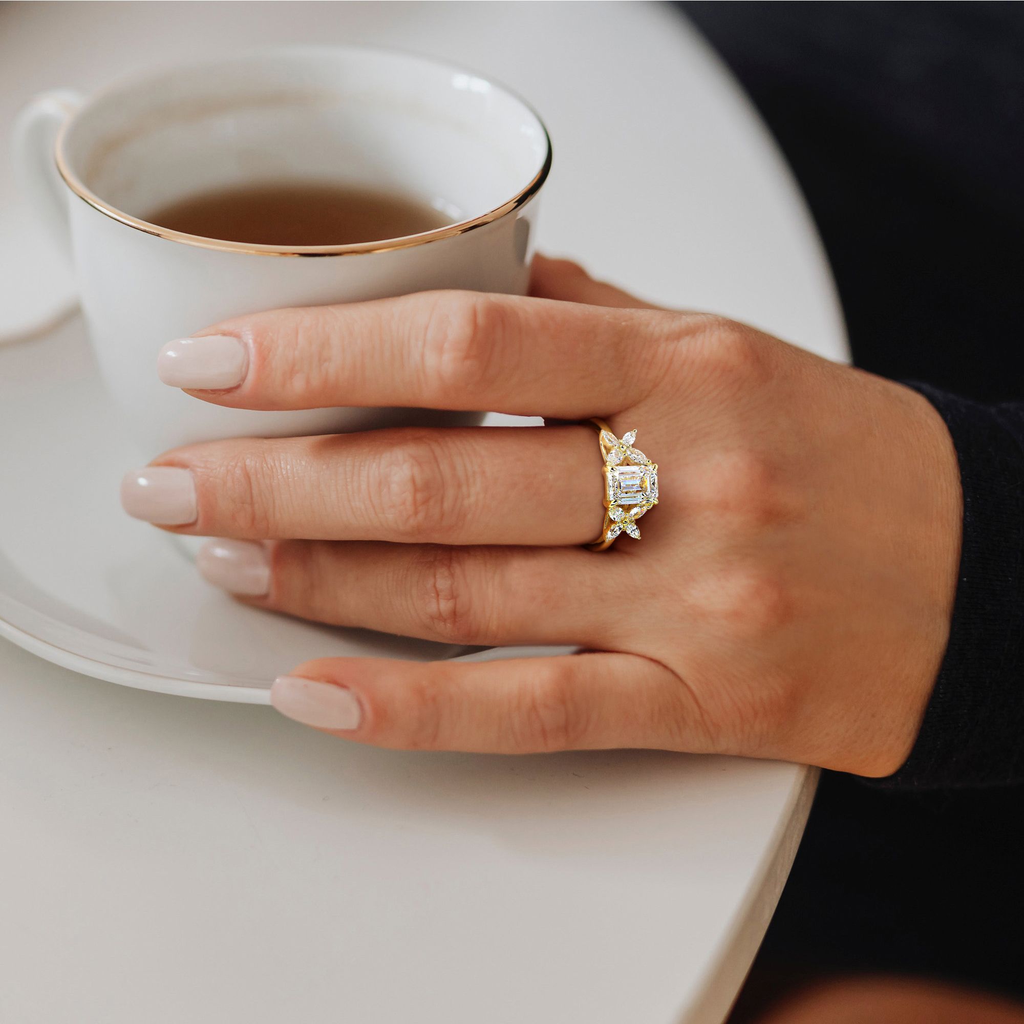 Lab-Grown Diamond Women's Emerald Women's Floral Cluster Engagement Ring in 14k Yellow Gold