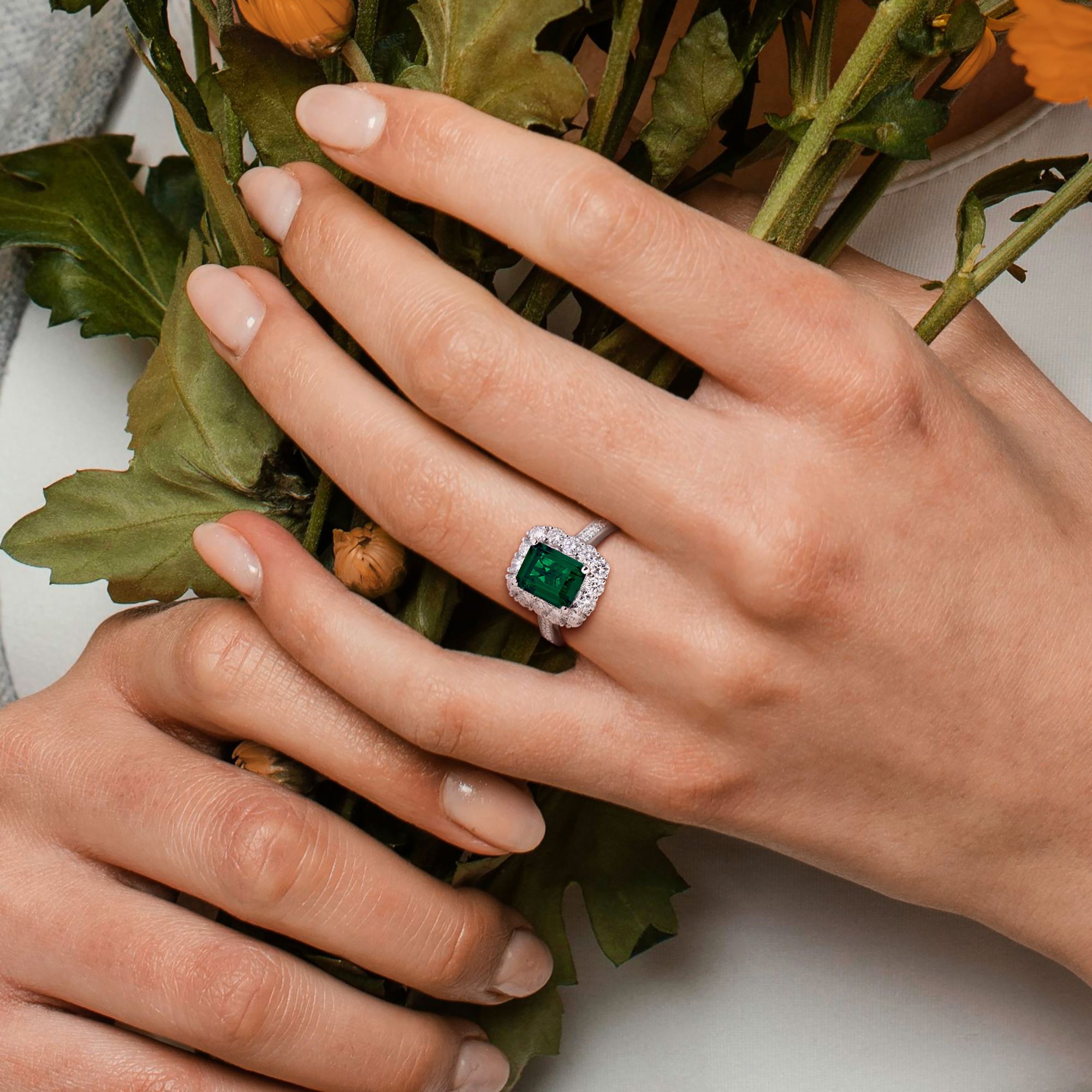 Lab-Created Emerald & Lab-Grown Diamond Women's Halo Ring in Sterling Silver