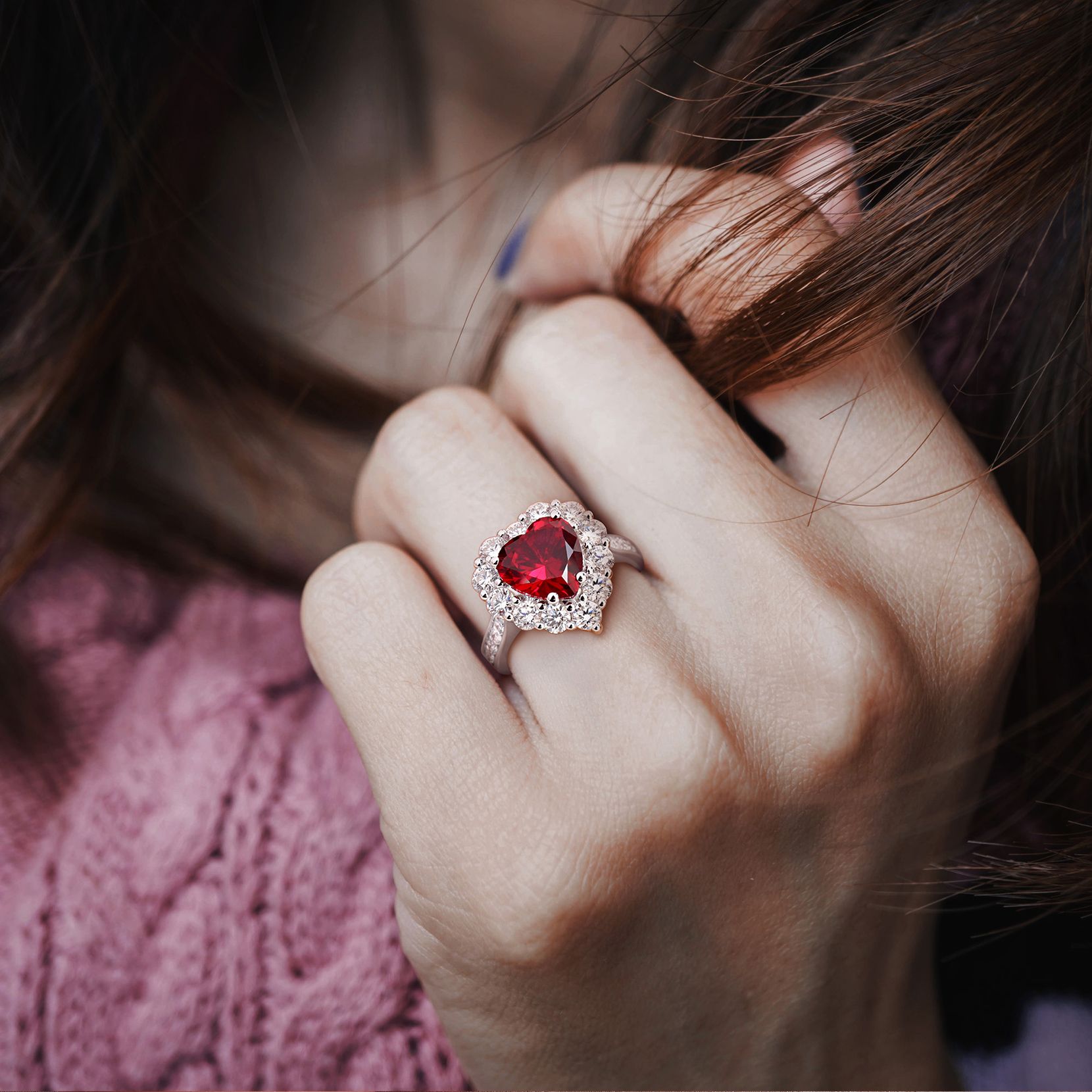 Lab-Created Ruby & Lab-Grown Diamond Women's Heart Halo Ring in Sterling Silver