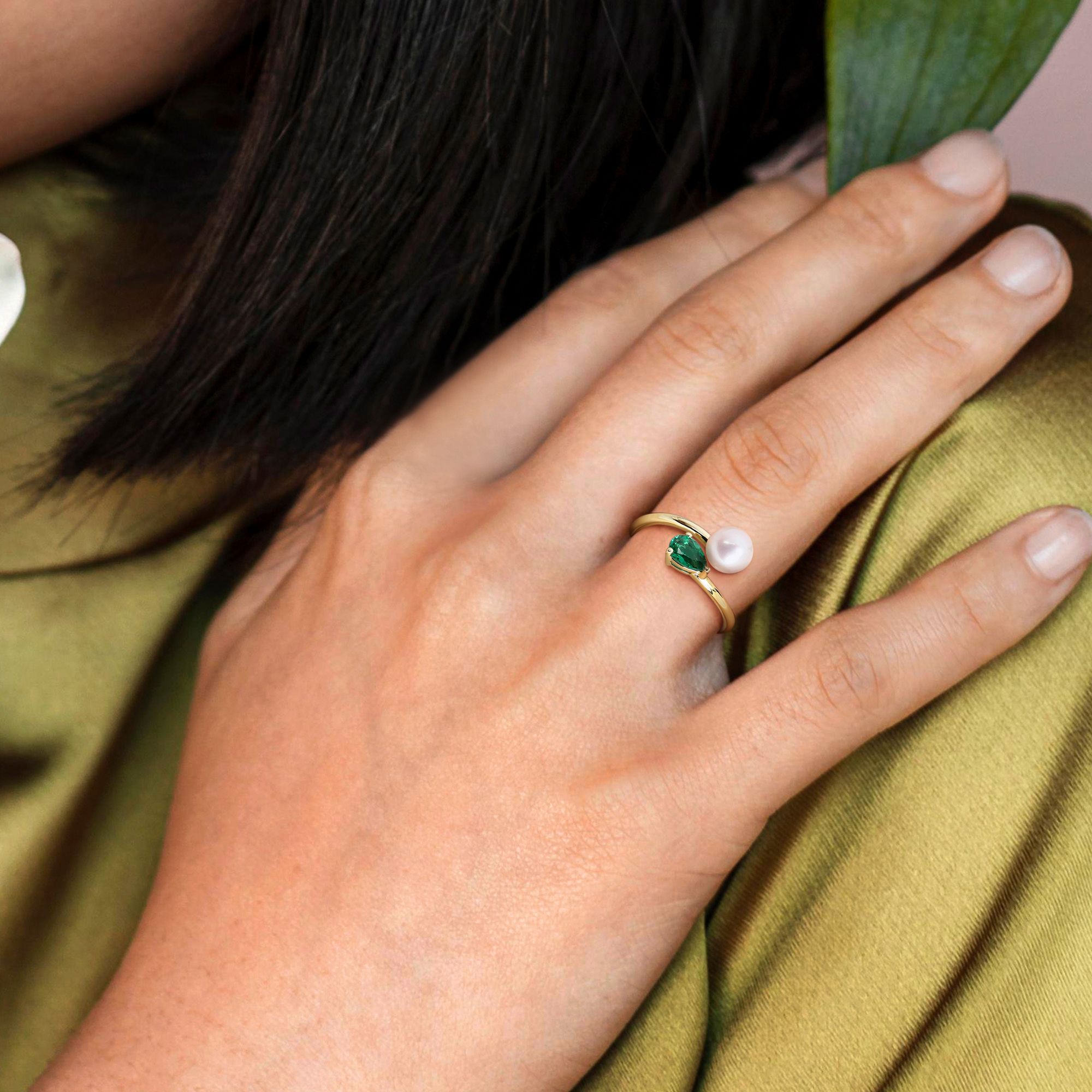 6-6.5mm Cultured Freshwater Pearl & Gemstone Bypass Ring in Sterling Silver