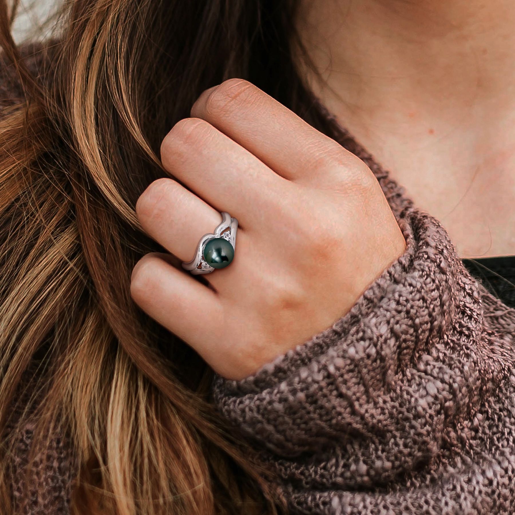 8-8.5mm Cultured Tahitian Pearl and Created White Sapphire 3-Stone Ring in Sterling Silver
