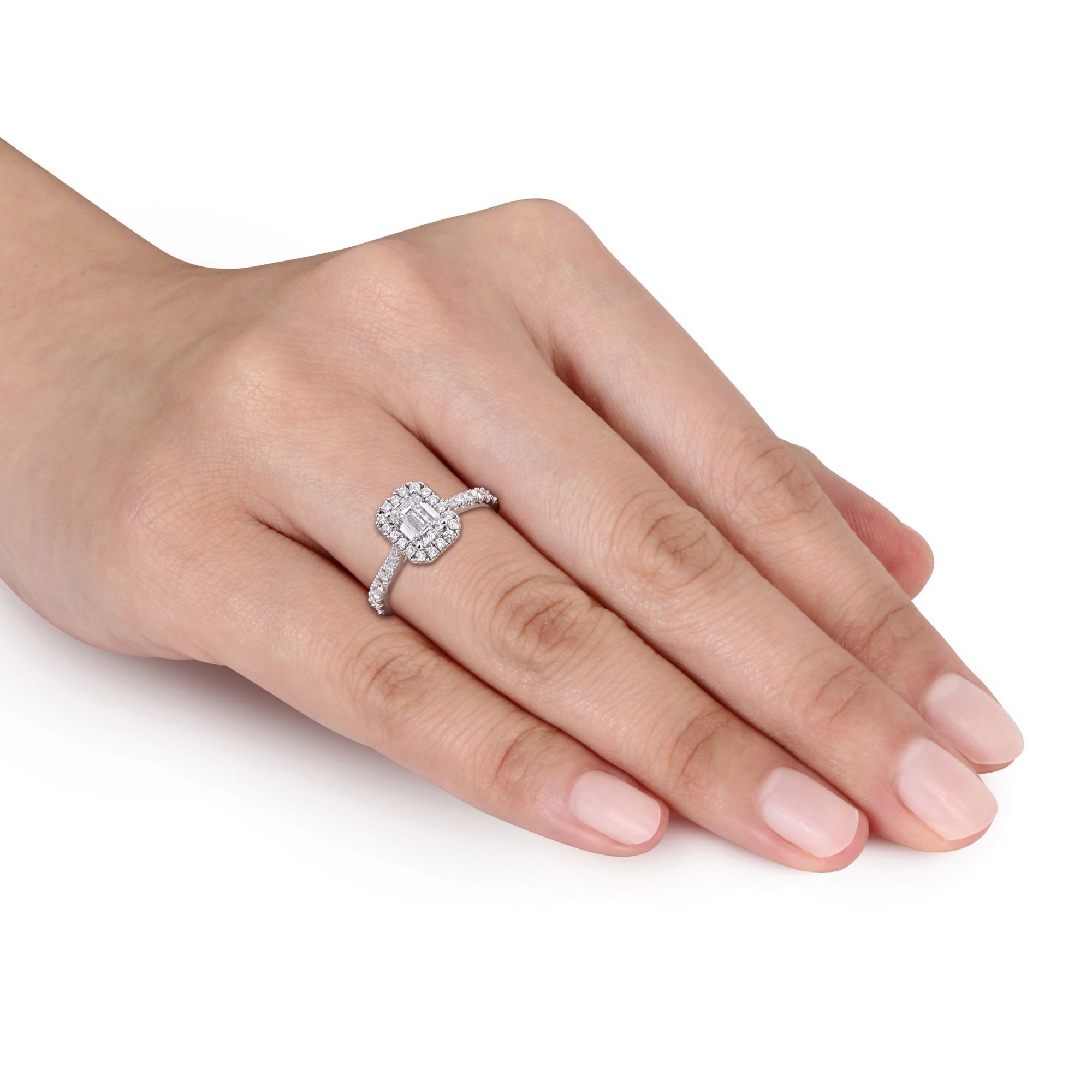 1.5 ct. t.w. Lab-Grown Diamond Emerald Halo Engagement in Sterling Silver, Size 6