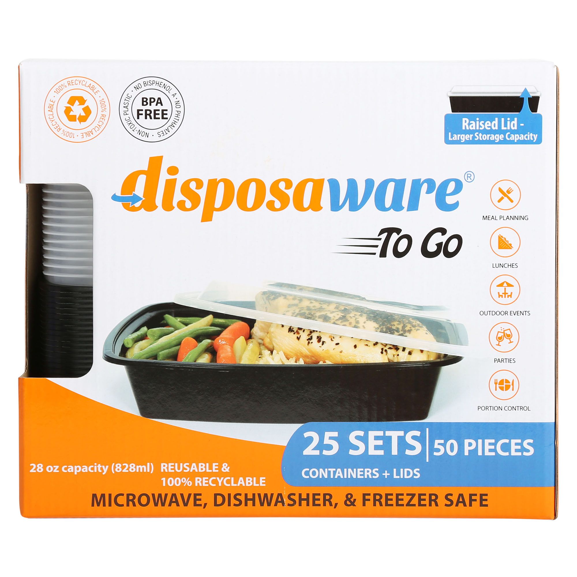 Choice 30 oz. Black 8 3/4 x 6 x 2 3/4 2-Compartment Rectangular  Microwavable Heavy Weight Container with Lid - 25/Pack