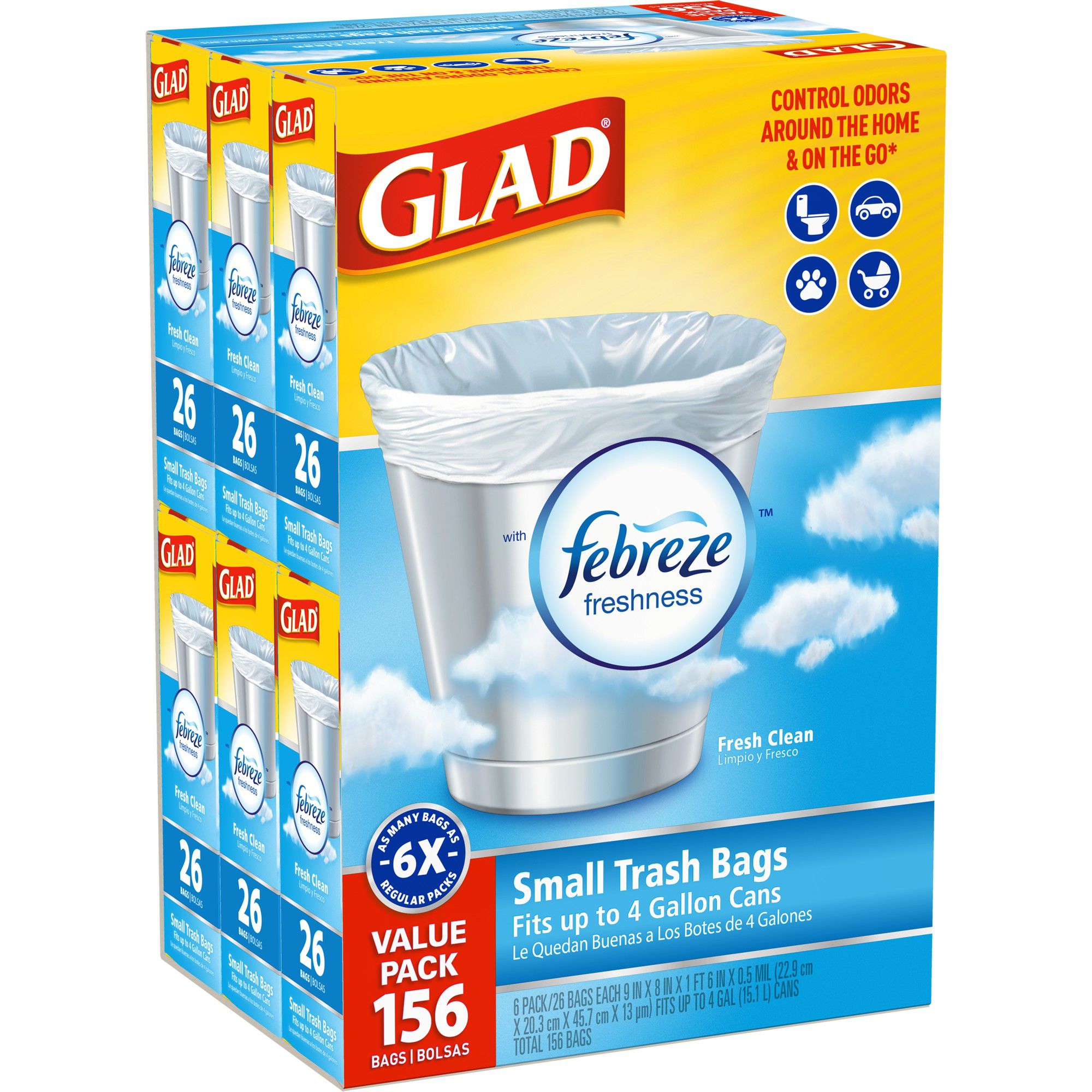 Glad OdorShield Small Trash Bags - Febreze Fresh Clean - 4 Gallon - 26  Count - 6 Pack