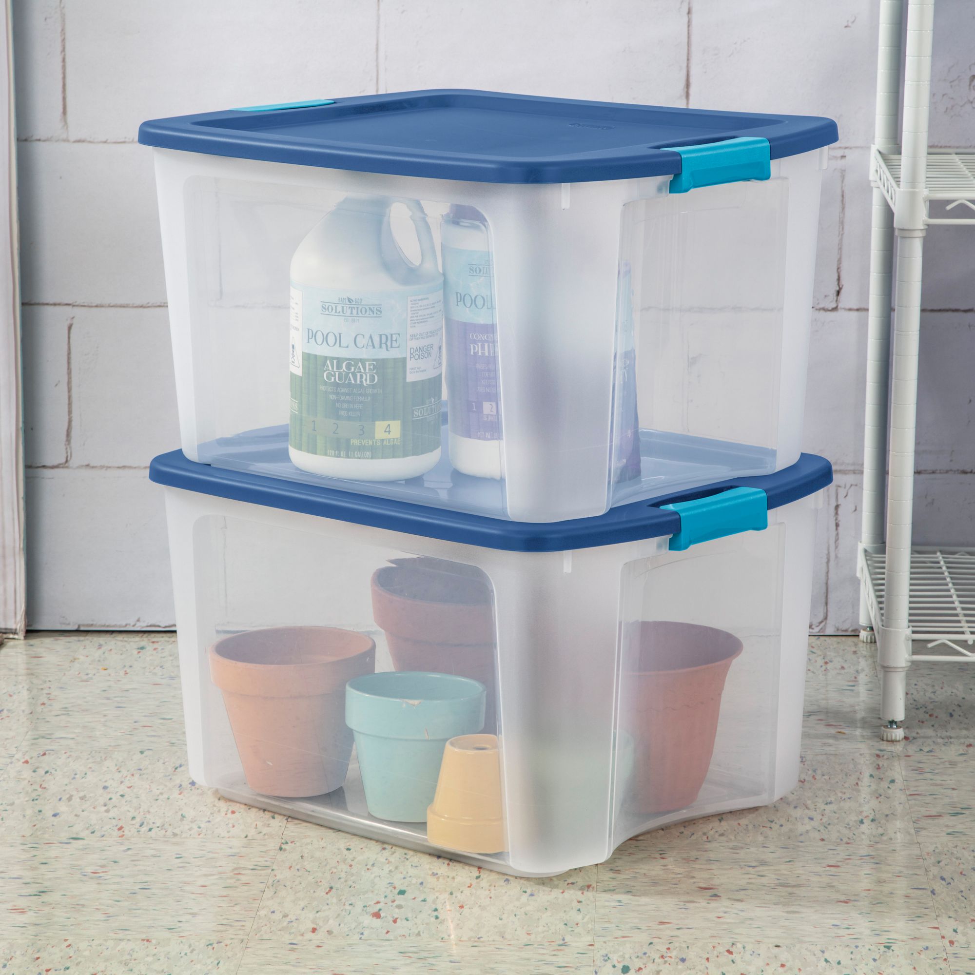 Sterilite 26 Gal. Clear Base with Blue Latch & Carry Storage Tote - Gillman  Home Center