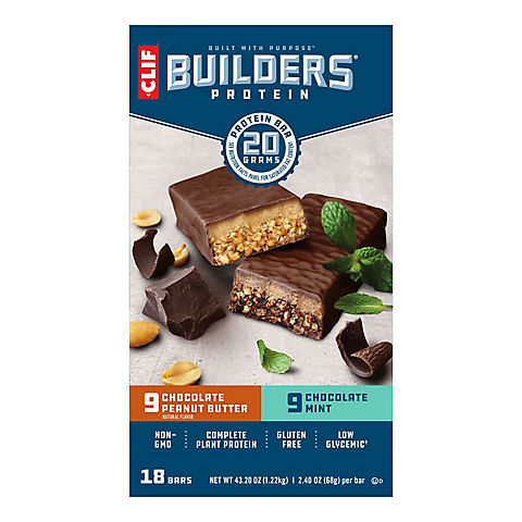 Clif Builders Chocolate Mint and Chocolate Peanut Butter Protein Bar Variety Pack, 18 ct./2.4 oz.