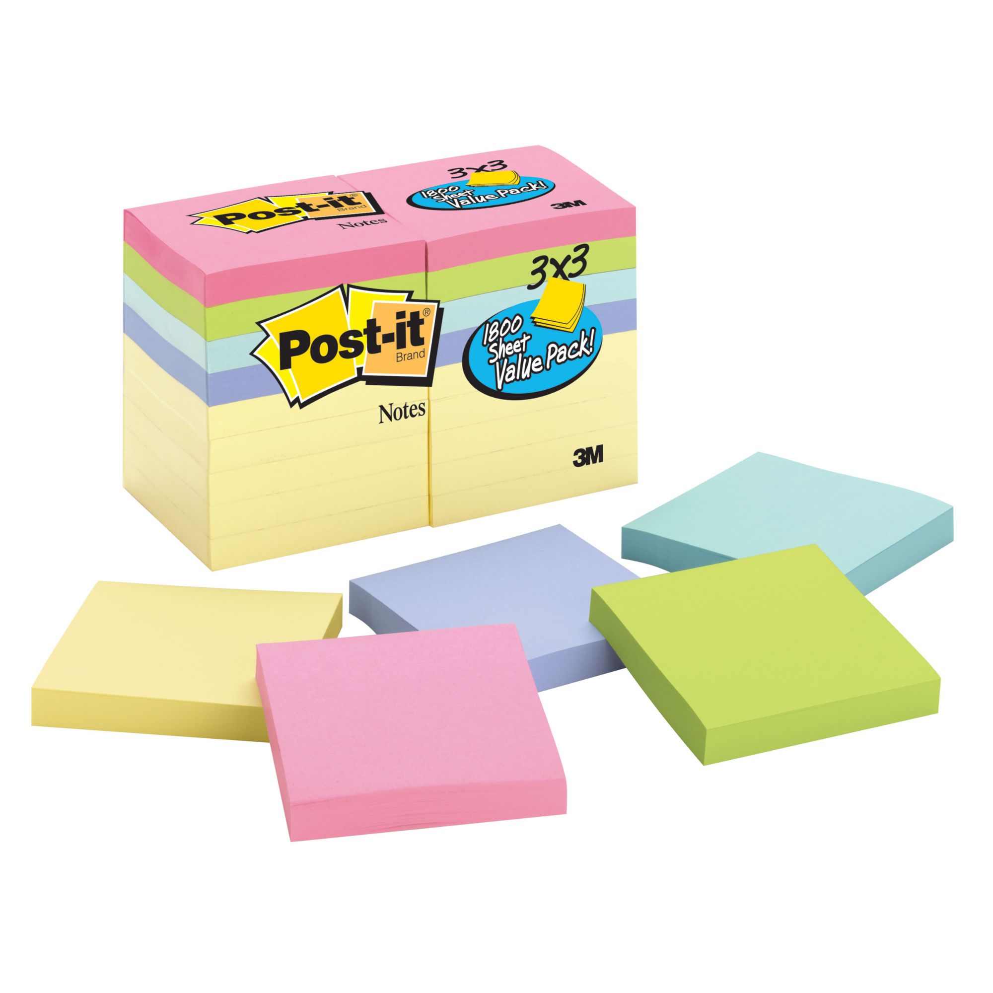 Post-it Notes, 3 in x 3 in, Pastel Collection, 4 Pads/Pack