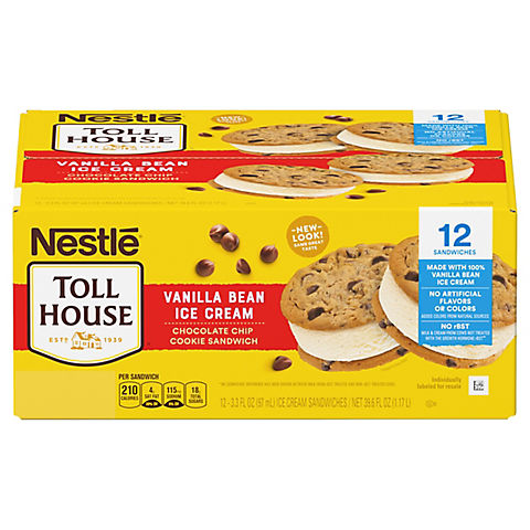 Nestle toll house vanilla chocolate chip cookie ice cream sandwiches Nestle Toll House Vanilla Bean Ice Cream Chocolate Chip Cookie Sandwiches Bjs Wholesale Club