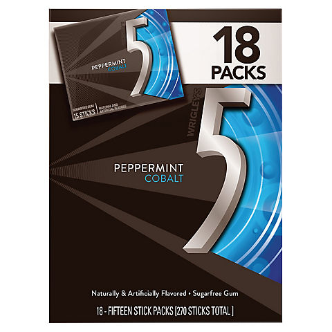 5 Gum Sugar Free Mint Chewing Gum, Cobalt Peppermint, 15 sticks, 18 pk
