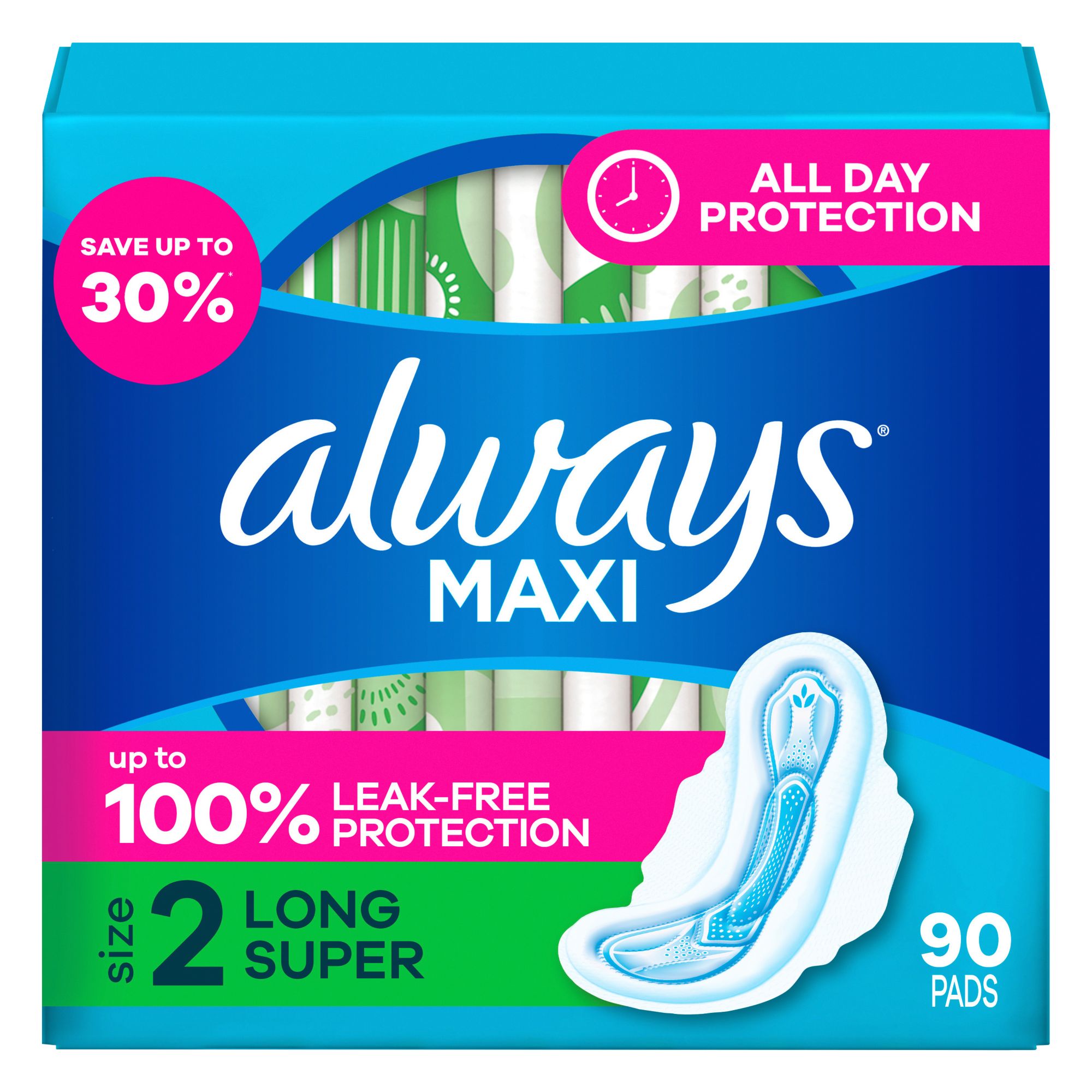 Always Long and Super Maxi Pads with Flexi-Wings Multipack, 90 ct.