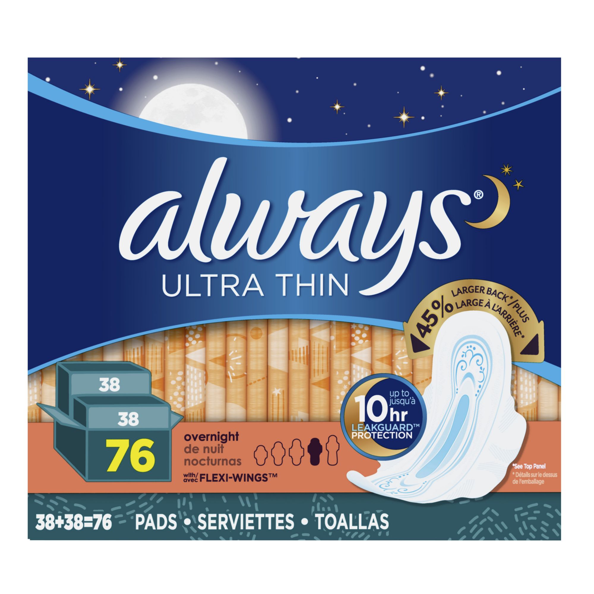 Always Ultra Thin Overnight Pads with Flexi-Wings, 76 ct.