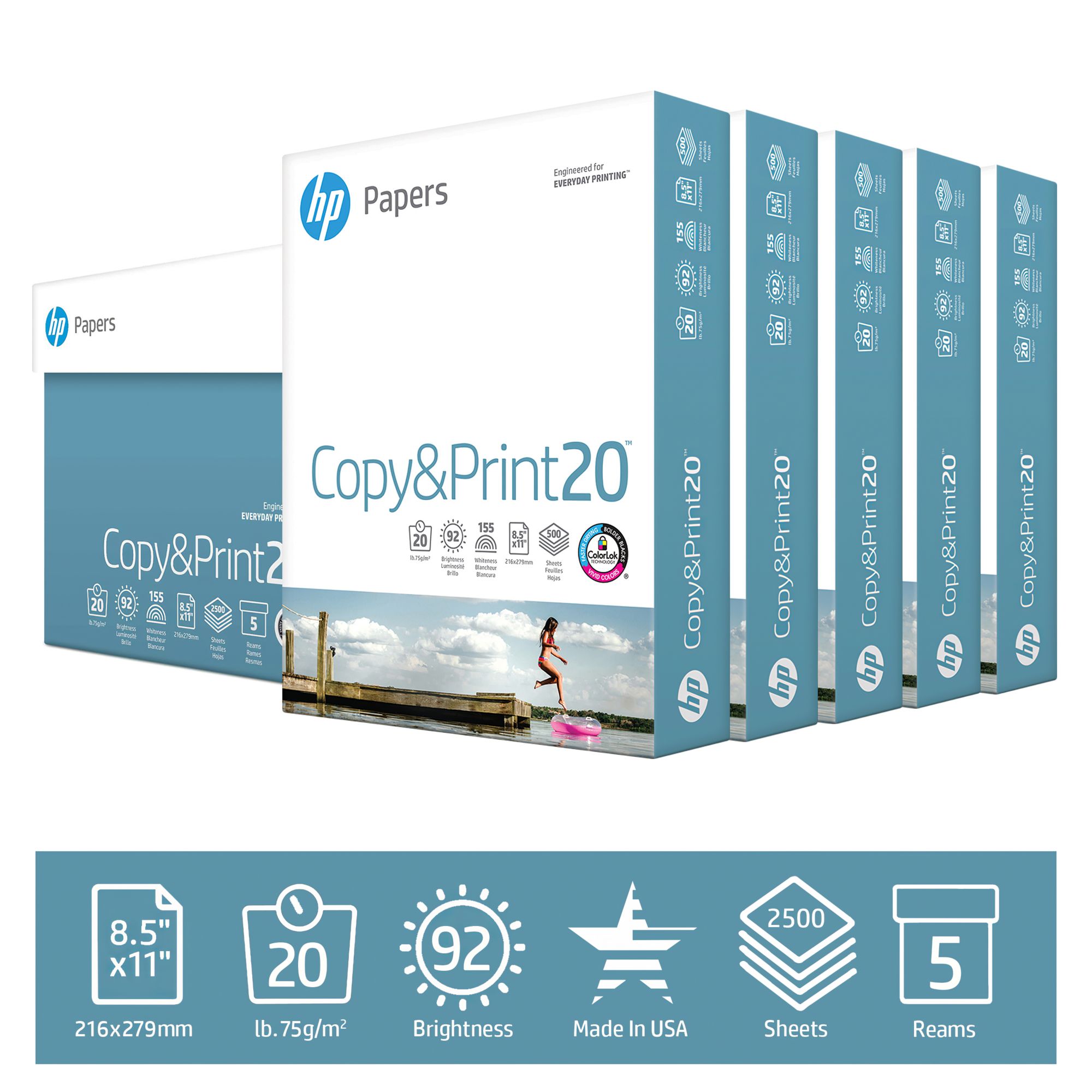 HP Everyday Copy & Print Paper, 92 Brightness, 20 lb., Letter, 5 Reams,  2,500 Sheets/Carton