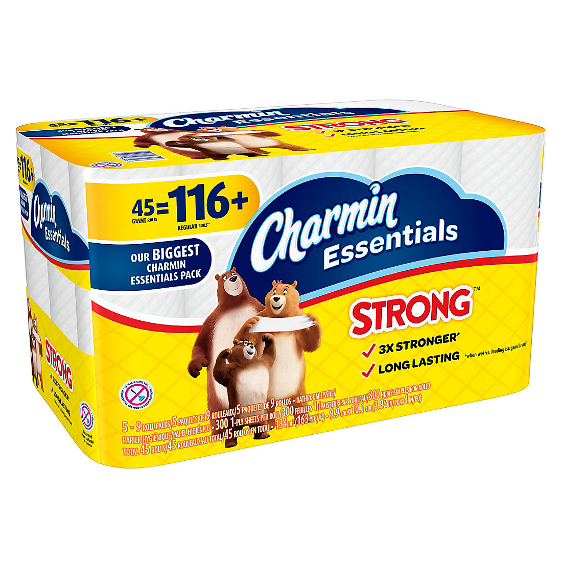 1-Ply, Charmin Essentials Strong Bathroom Tissue 300 sheets per roll, 20 rolls 