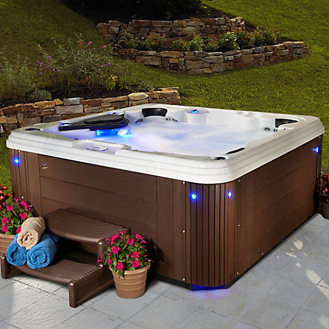 Celestial Spas Pearl 6-Person 67-Jet Acrylic Hot Tub and Lounger Spa with Bluetooth - White/Silver Marble