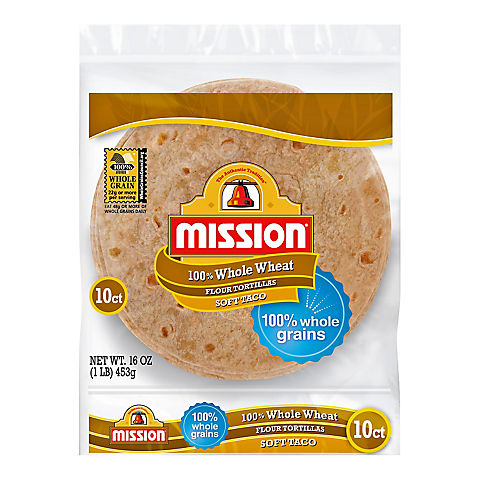 Mission 100% Whole Wheat Soft Taco Flour Tortillas, 10 ct.