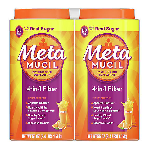 Metamucil Fiber, 4-in-1 Psyllium Fiber with Real Sugar, Orange Smooth Flavored Drink, 260 Servings