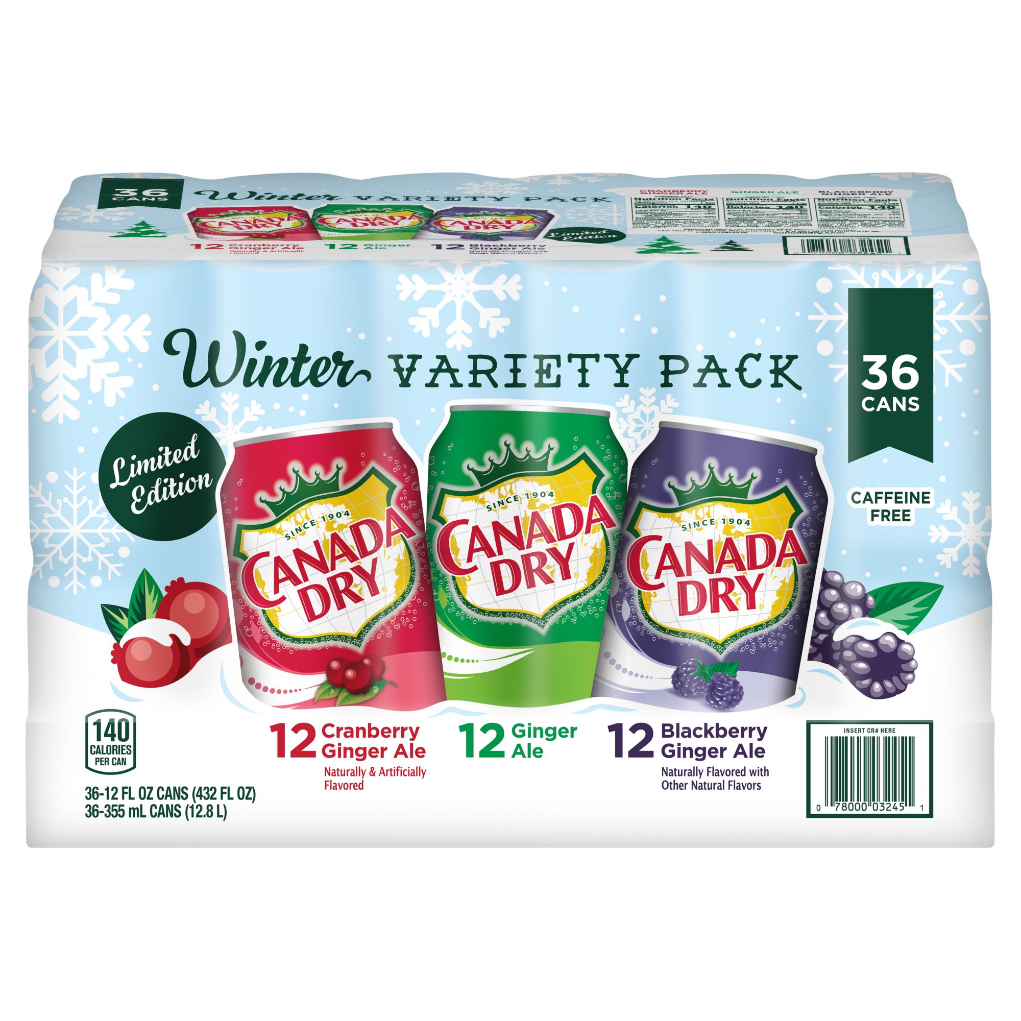 Canada Dry Ginger Winter Variety Pack - 3 Flavors : Cranberry, Regular,  Blackberry - 12 pk./12 oz. cans