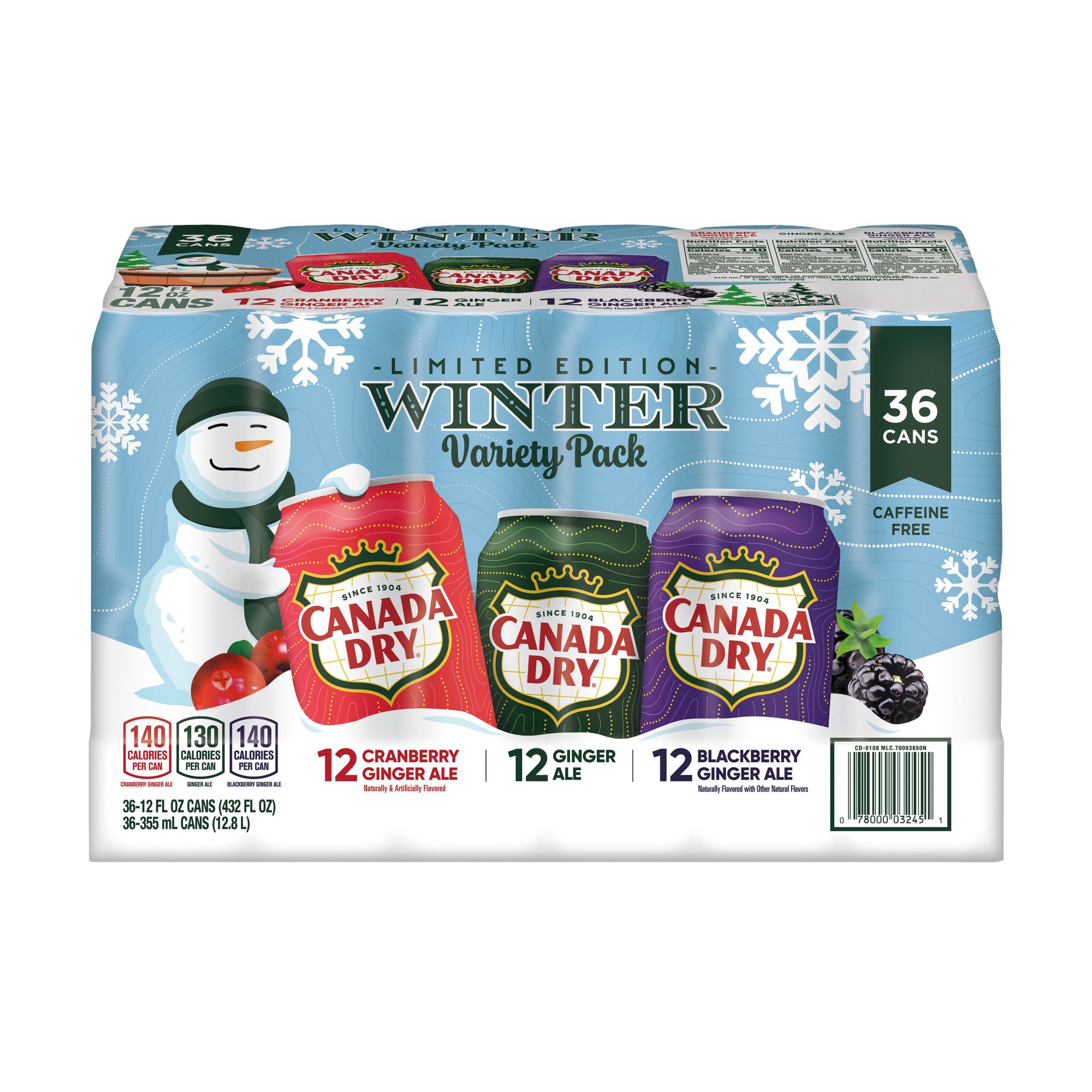 Canada Dry Ginger Winter Variety Pack - 3 Flavors : Cranberry, Regular, Blackberry - 12 pk./12 oz. Cans