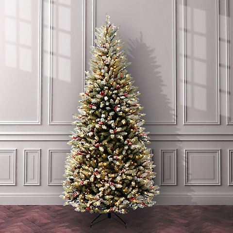 National Tree 7'6" Pre-Lit Dunhill Fir Slim Hinged Tree with Snow, Red Berries and Cones