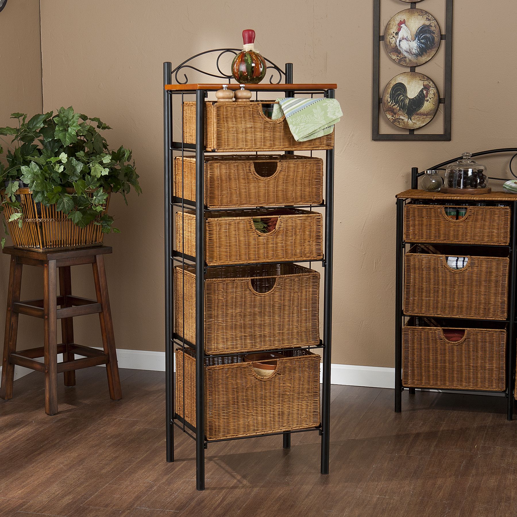 Wicker Storage Cabinet with 1 Wooden and 3 Basket Drawers - Wicker Basket  Storage Tower - Ideal Wicker Nightstand for Bedroom Living Room and Entryway