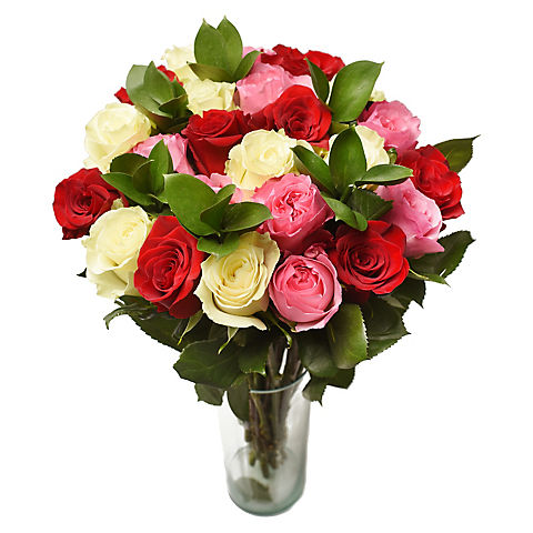 Two Dozen Red, White and Pink Colors of Happiness Roses Bouquet