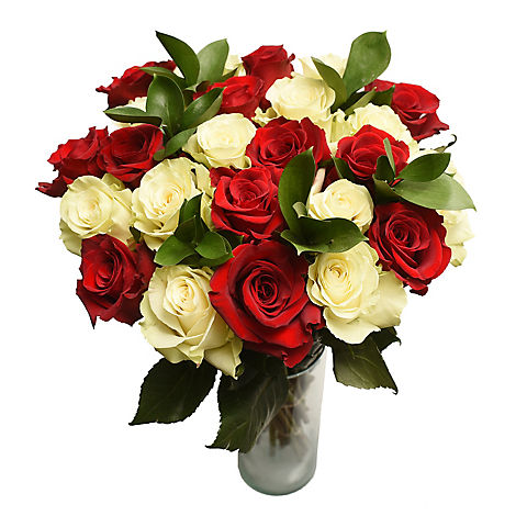 Two Dozen Red and White Roses Bouquet