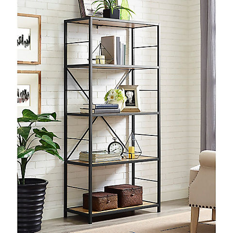 W. Trends 60" 5-Shelf Rustic Metal and Wood Media Bookshelf - Barnwood