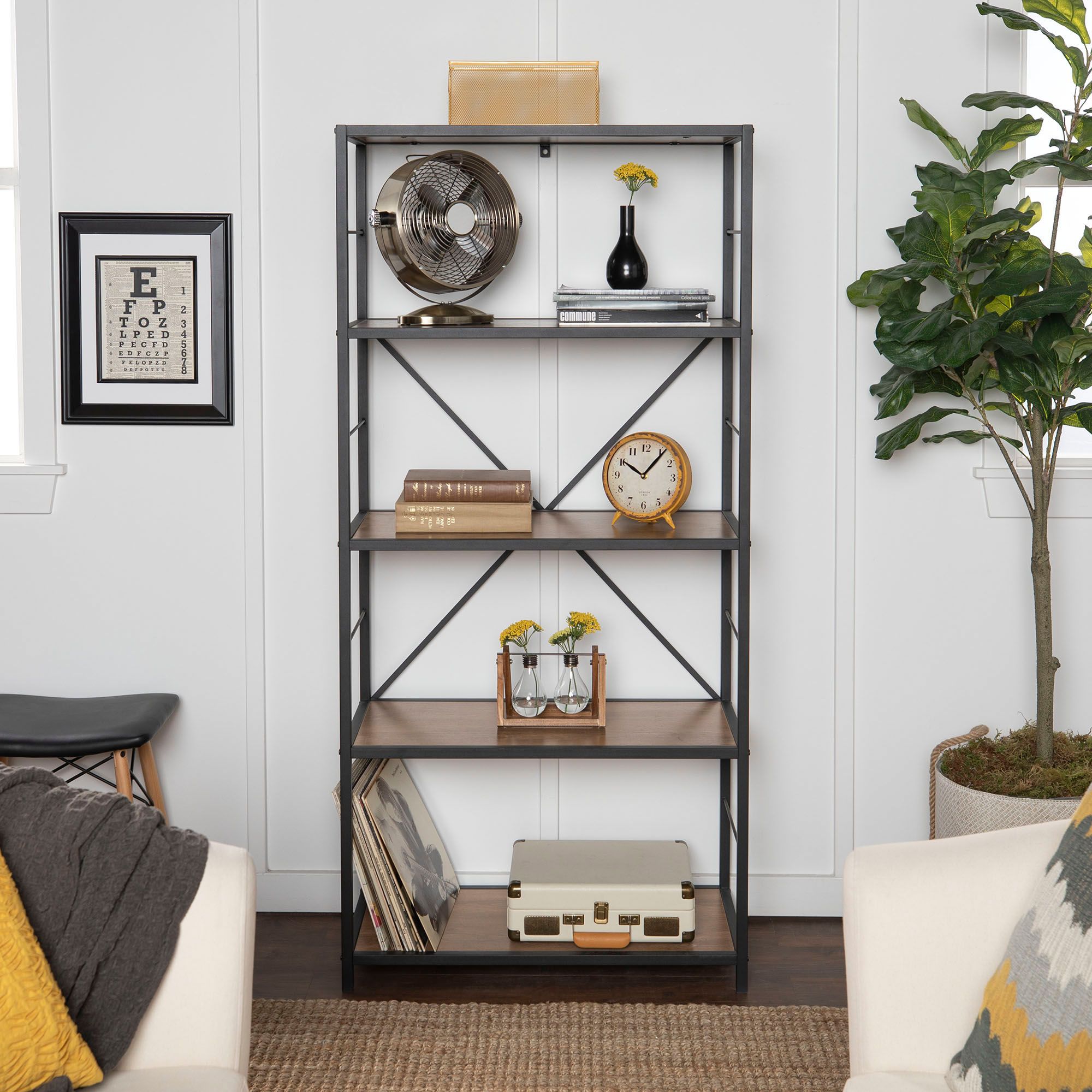W. Trends 60 5 Shelf Rustic Metal and Wood Media Bookshelf Barnwood