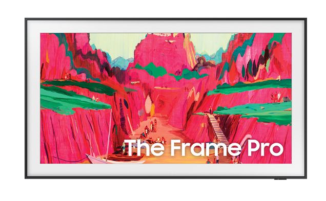 The Frame Pro over a pink and green painted cliff landscape on a TV