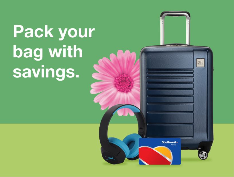 Text: Pack your bag with savings.