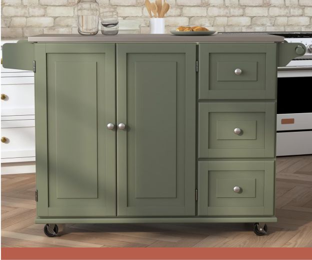 A gray wood kitchen island.