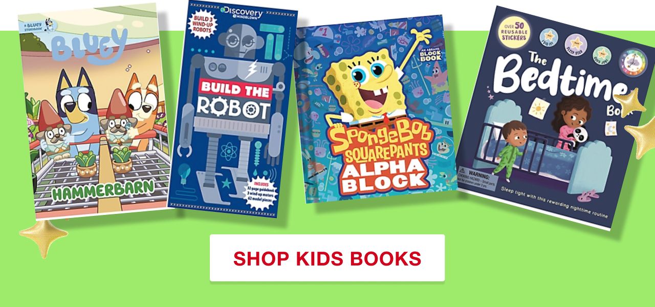 Shop Kids Books. A picture of books featuring Bluey, Build The Robit, Spongebob Squarepants and The Bedtime Book