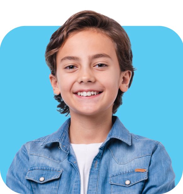 Ages 8 and up. A picture of an 8-year-old boy wearing a denim jacket.