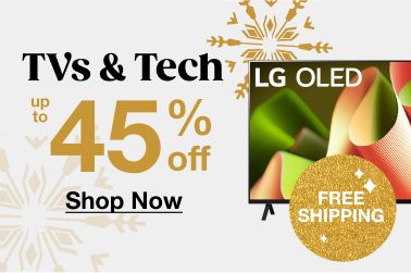 Text: TVs and Tech. Up to 45% off. Click to shop now.