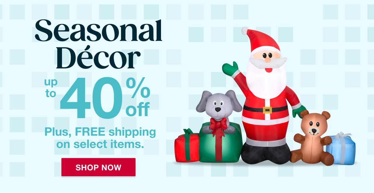 Text: Seasonal decor. Up to 40% off. Click to shop now