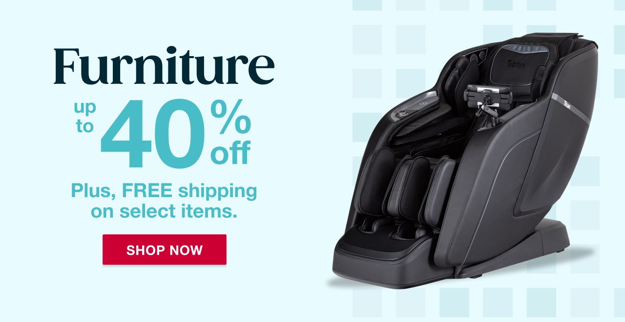 Text: Furniture. Up to 40% off. Click to shop now