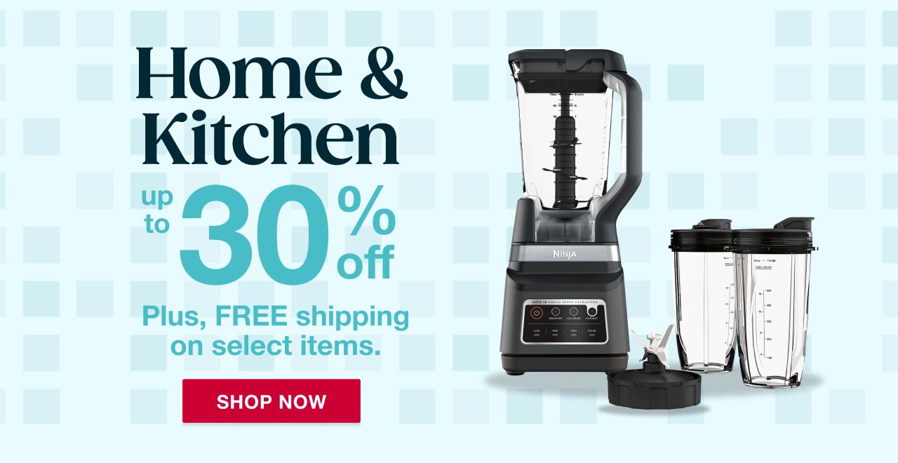 Text: Home and kitchen. Up to 30% off. Click to shop now