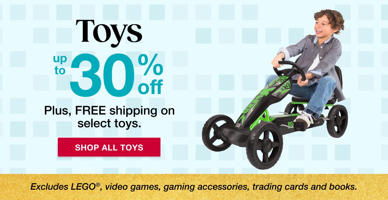 Text: Toys. Up to 30% off plus free shipping on select toys. Click to shop all toys