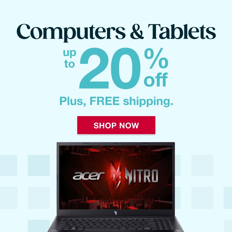 Text: Computers and tablets. Up to 20% off. Click to shop now